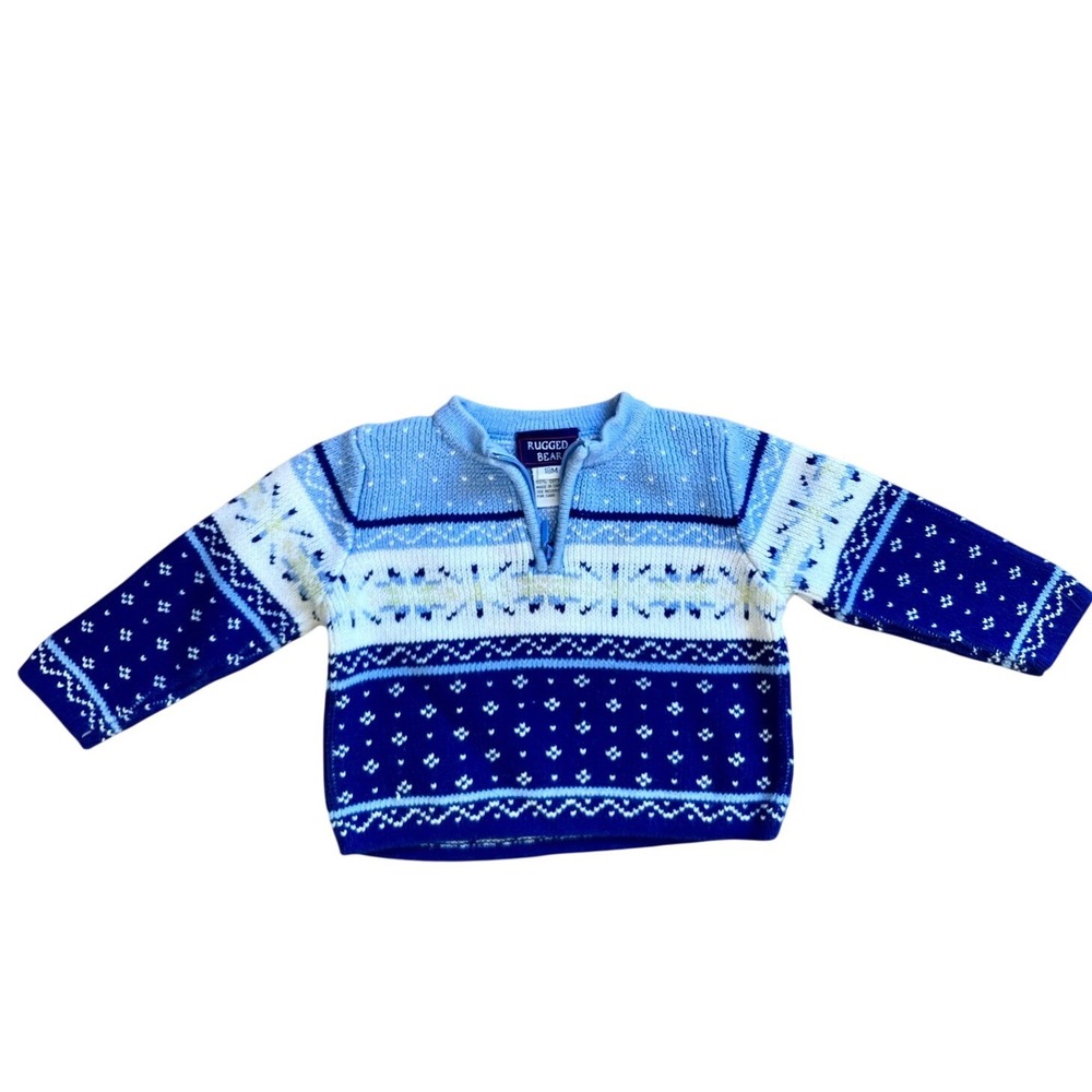 Rugged Bear Baby Boys Blue Fair Isle Knit 1/4 Zip 100% Cotton Sweater 18M